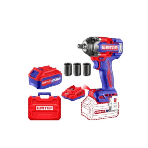 Emtop 1/2" 20V Powerful Cordless Impact Wrench With Battery, Charger & Sockets, Max. Torque 500 Nm (ECIWL2050)