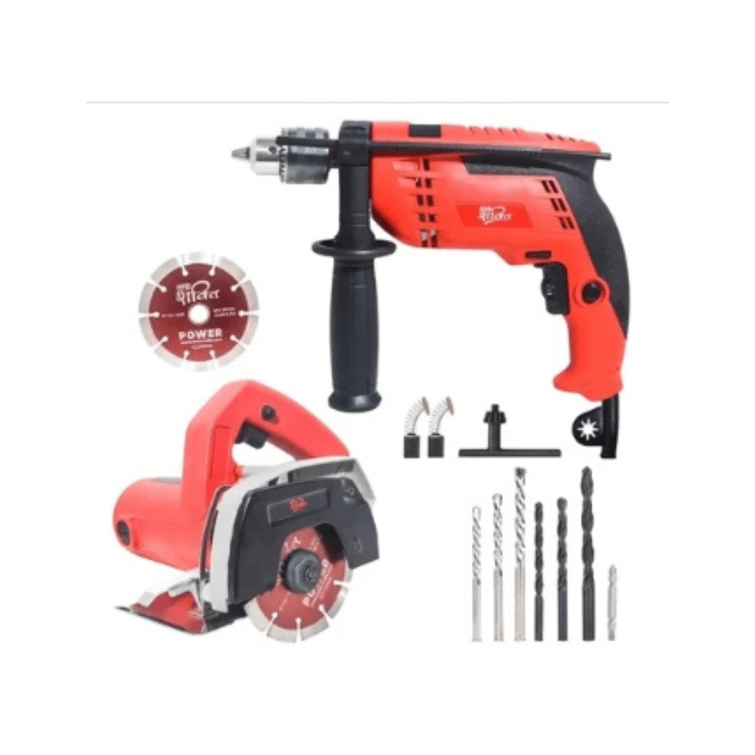HPD Shakti 100mm (4") 1050 Watt Marble Cutter & 13mm 850 Watt F/R Mode, Variable Speed Impact Drill Combo With Cutting Blade, Drill Bits & Accessories